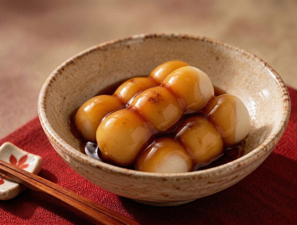 Mitarashi dango coated in a glossy sweet soy glaze