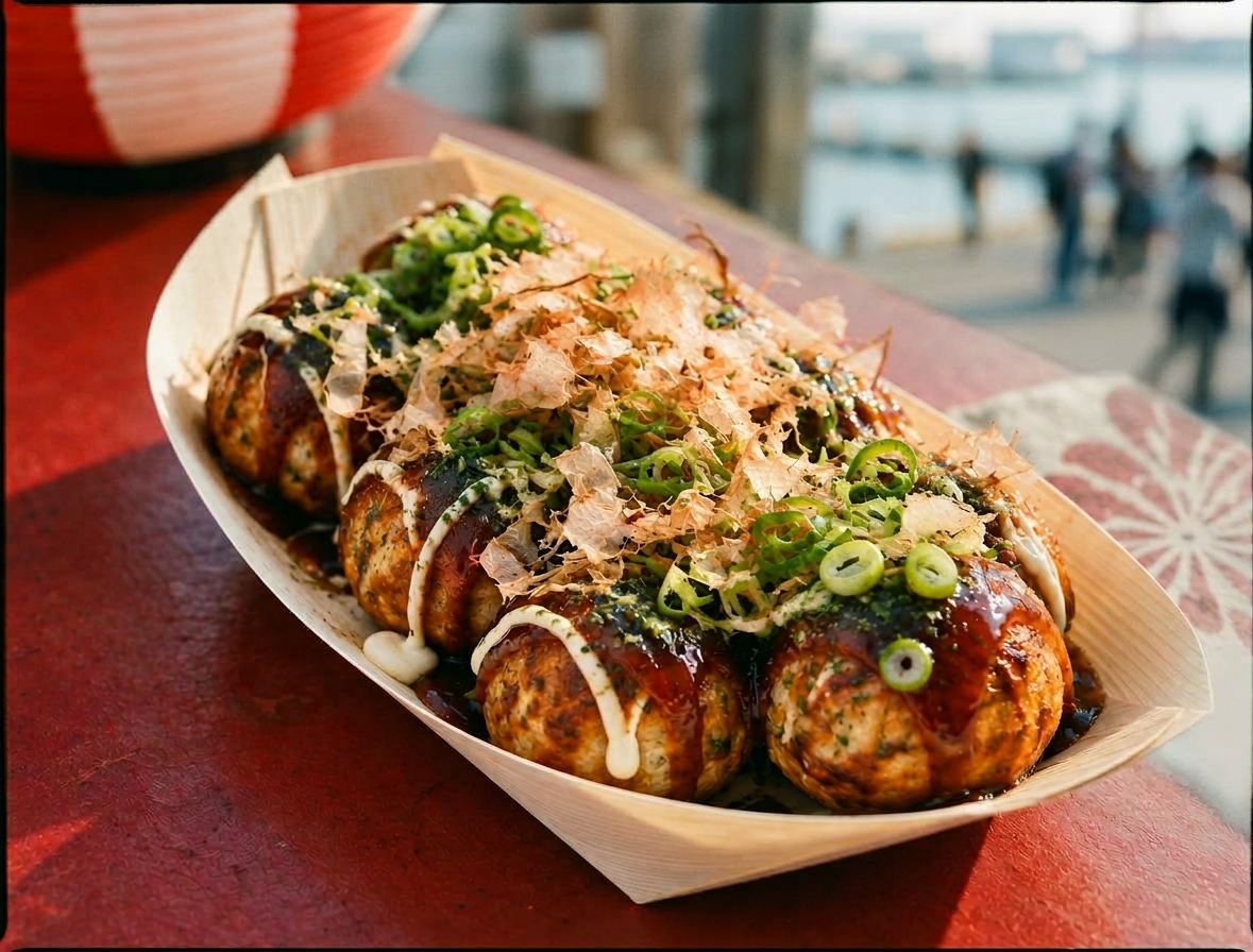 Fresh takoyaki served in a festival tray